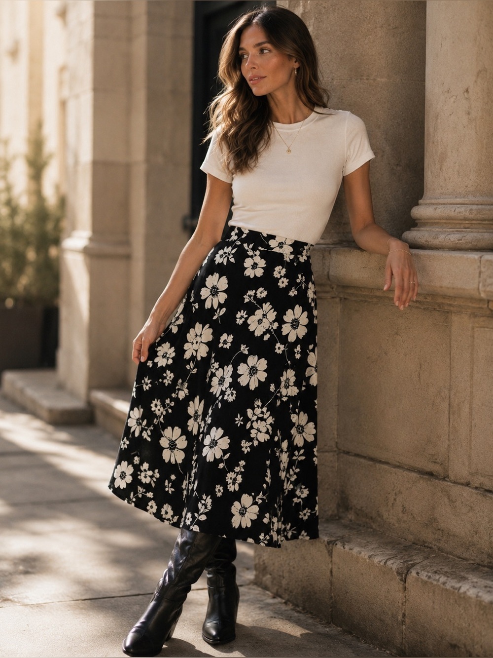 NWT Talbots Petite P Shadow Petals Floral Jersey Midi Skirt Black & White